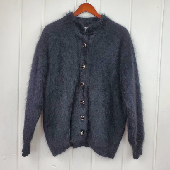 Authentic Original Vintage Style Sweaters - Vintage Black Angora Button Up Lined Cardigan Womens Size Medium